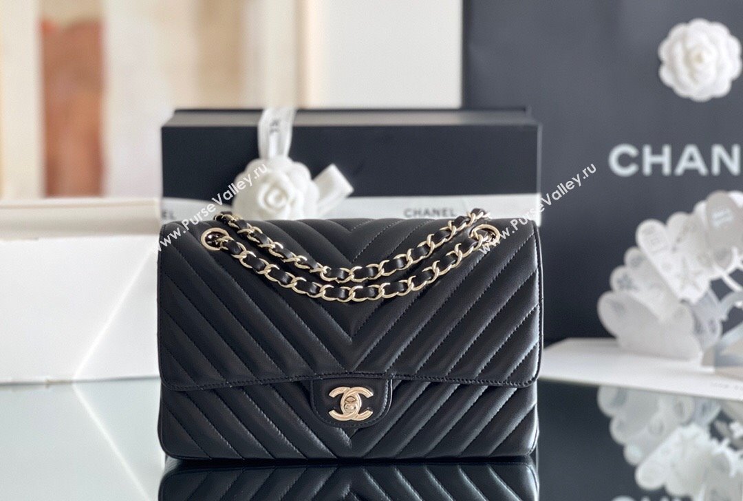 Chanel Chevron Lambskin Medium Classic Flap Bag Black/Light Gold 2024 Original Quality (MHE-24031407)