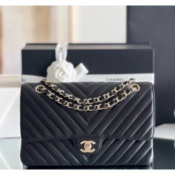 Chanel Chevron Lambskin Medium Classic Flap Bag Black/Light Gold 2024 Original Quality (MHE-24031407)