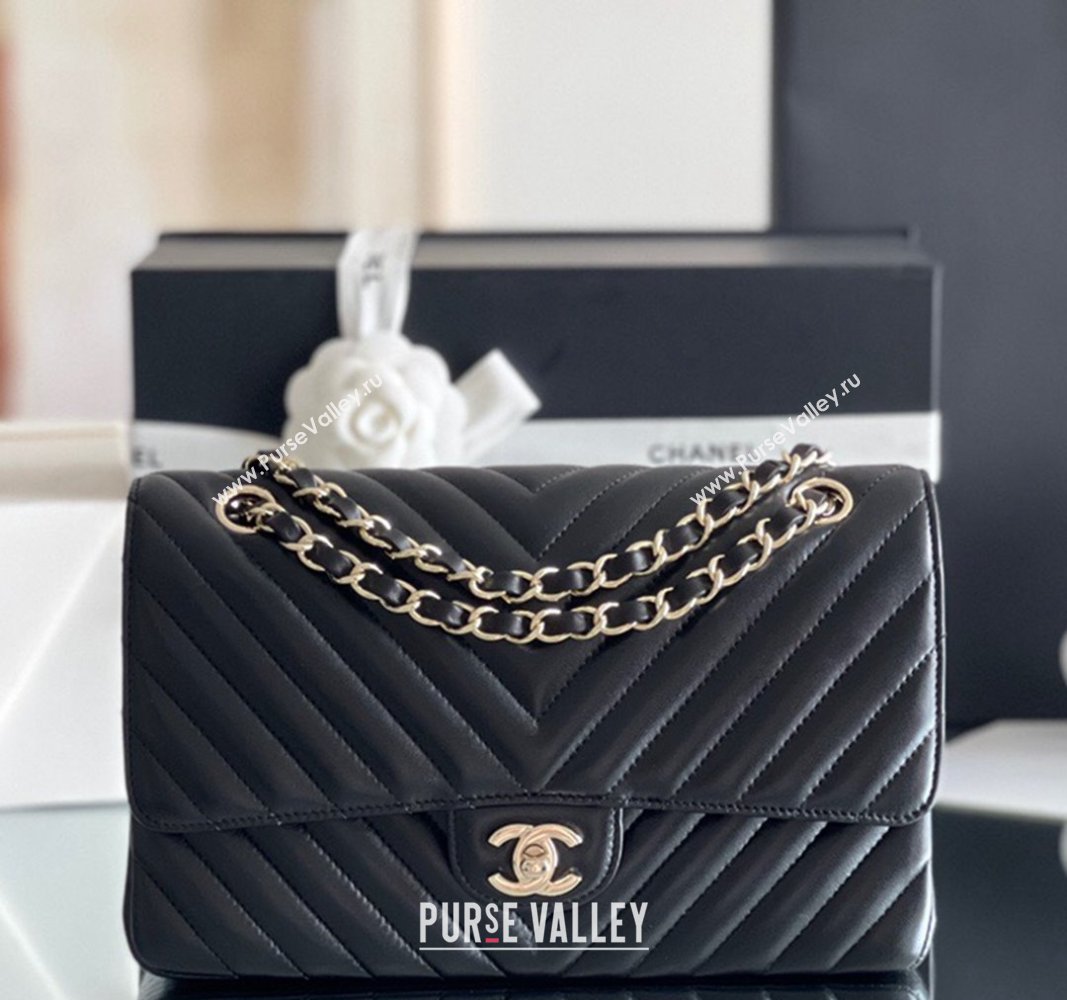 Chanel Chevron Lambskin Medium Classic Flap Bag Black/Light Gold 2024 Original Quality (MHE-24031407)