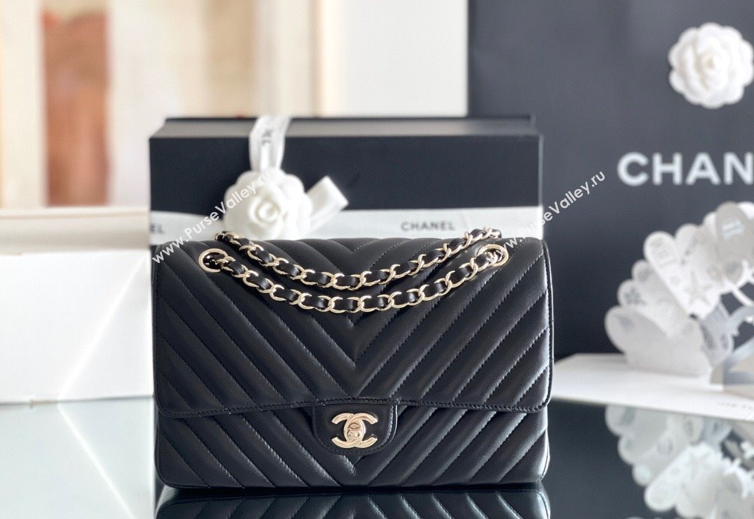 Chanel Chevron Lambskin Medium Classic Flap Bag Black/Light Gold 2024 Original Quality (MHE-24031407)