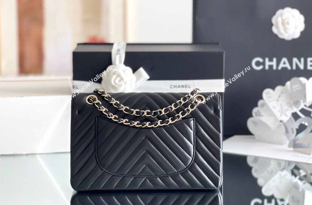 Chanel Chevron Lambskin Medium Classic Flap Bag Black/Light Gold 2024 Original Quality (MHE-24031407)