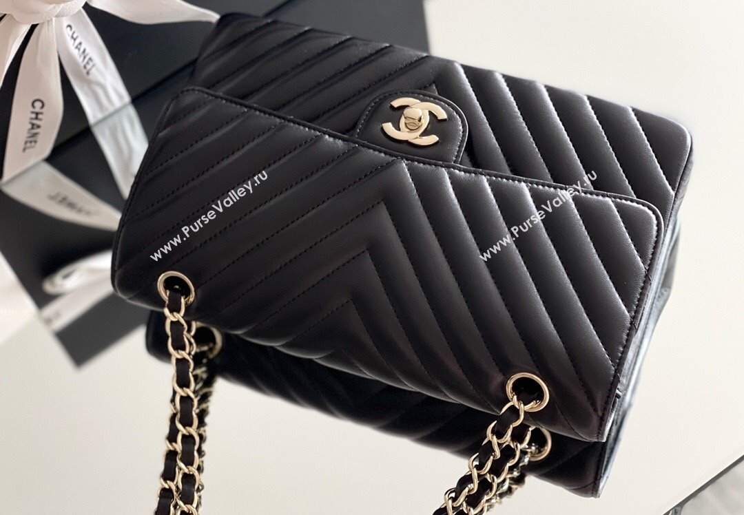 Chanel Chevron Lambskin Medium Classic Flap Bag Black/Light Gold 2024 Original Quality (MHE-24031407)
