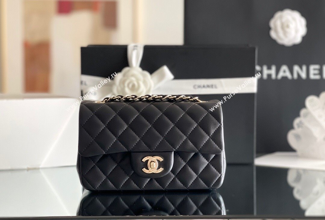 Chanel Quilted Lambskin Mini Classic Flap Bag A01116 Black/Light Gold 2024 Original Quality (MHE-24031408)