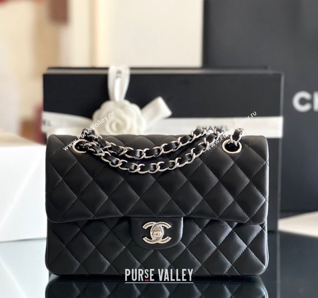 Chanel Quilted Lambskin Small Classic Flap Bag Black/Silver 2024 Original Quality (MHE-24031413)