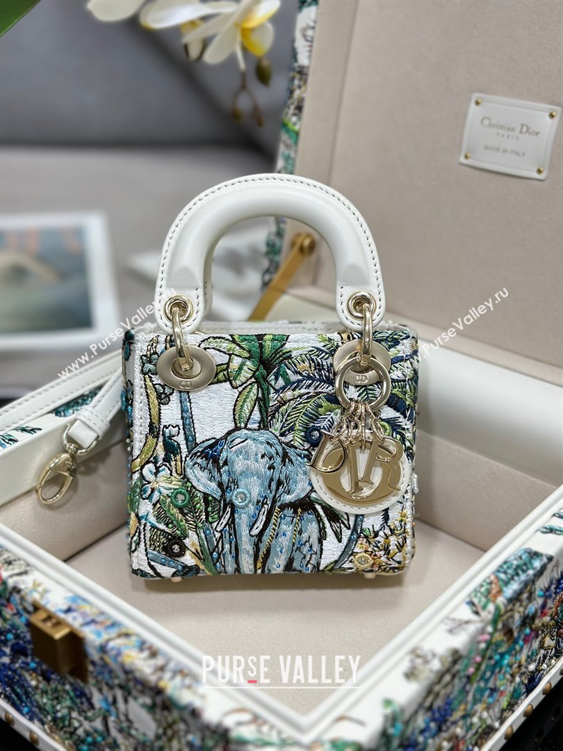 Dior Mini Lady Dior Bag in Lambskin with Elephant Embroidery Limited Edition M0505 White/Green 2024 (XXG-24070322)