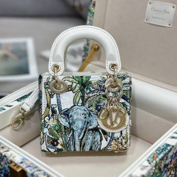 Dior Mini Lady Dior Bag in Lambskin with Elephant Embroidery Limited Edition M0505 White/Green 2024 (XXG-24070322)