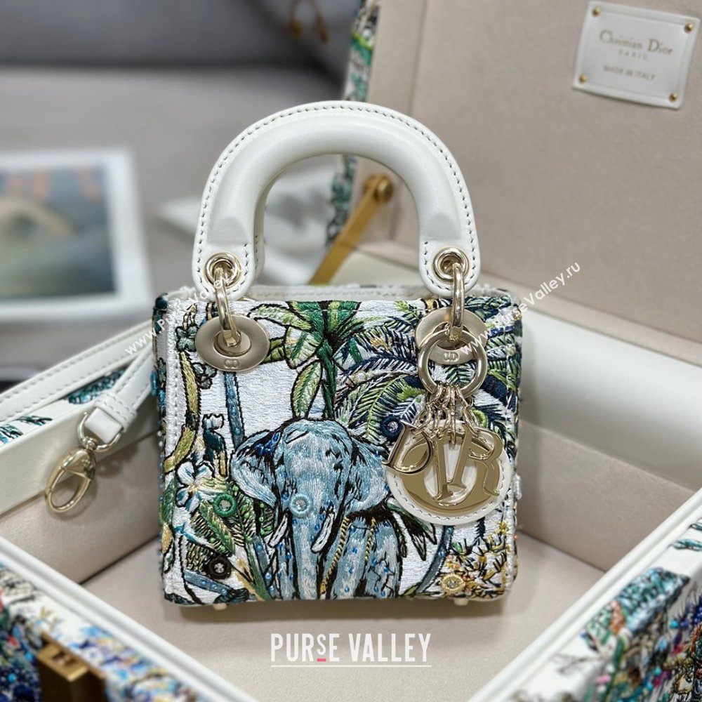 Dior Mini Lady Dior Bag in Lambskin with Elephant Embroidery Limited Edition M0505 White/Green 2024 (XXG-24070322)