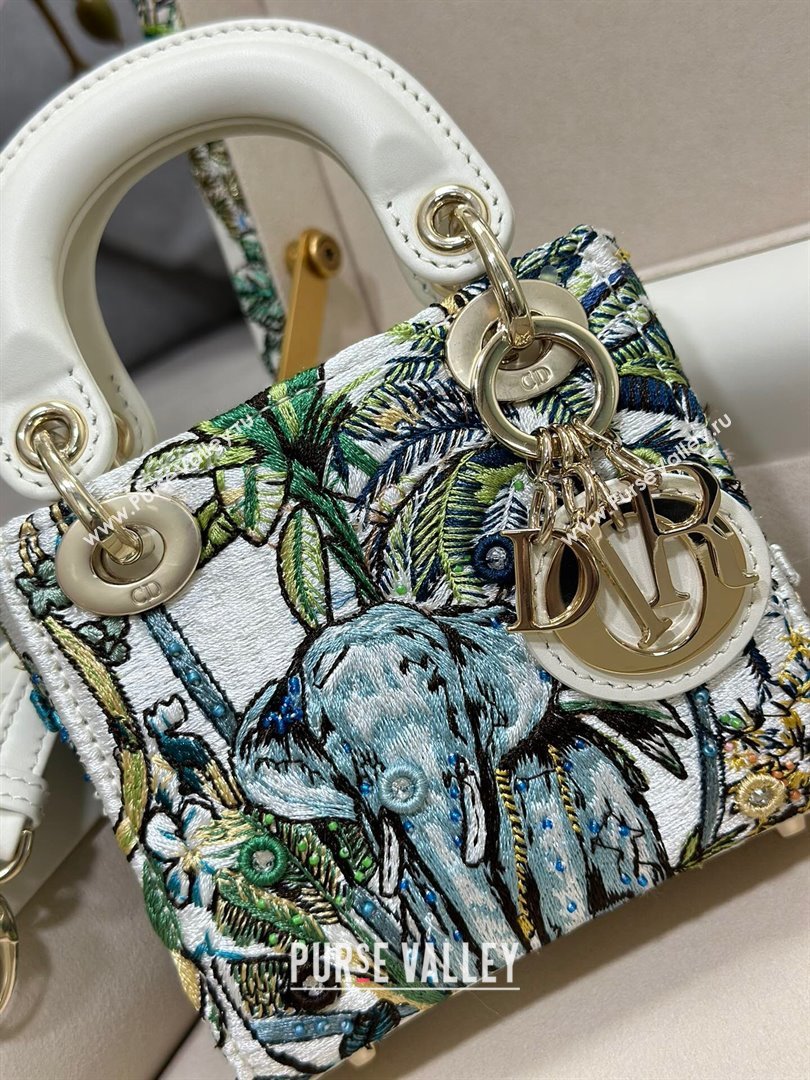 Dior Mini Lady Dior Bag in Lambskin with Elephant Embroidery Limited Edition M0505 White/Green 2024 (XXG-24070322)