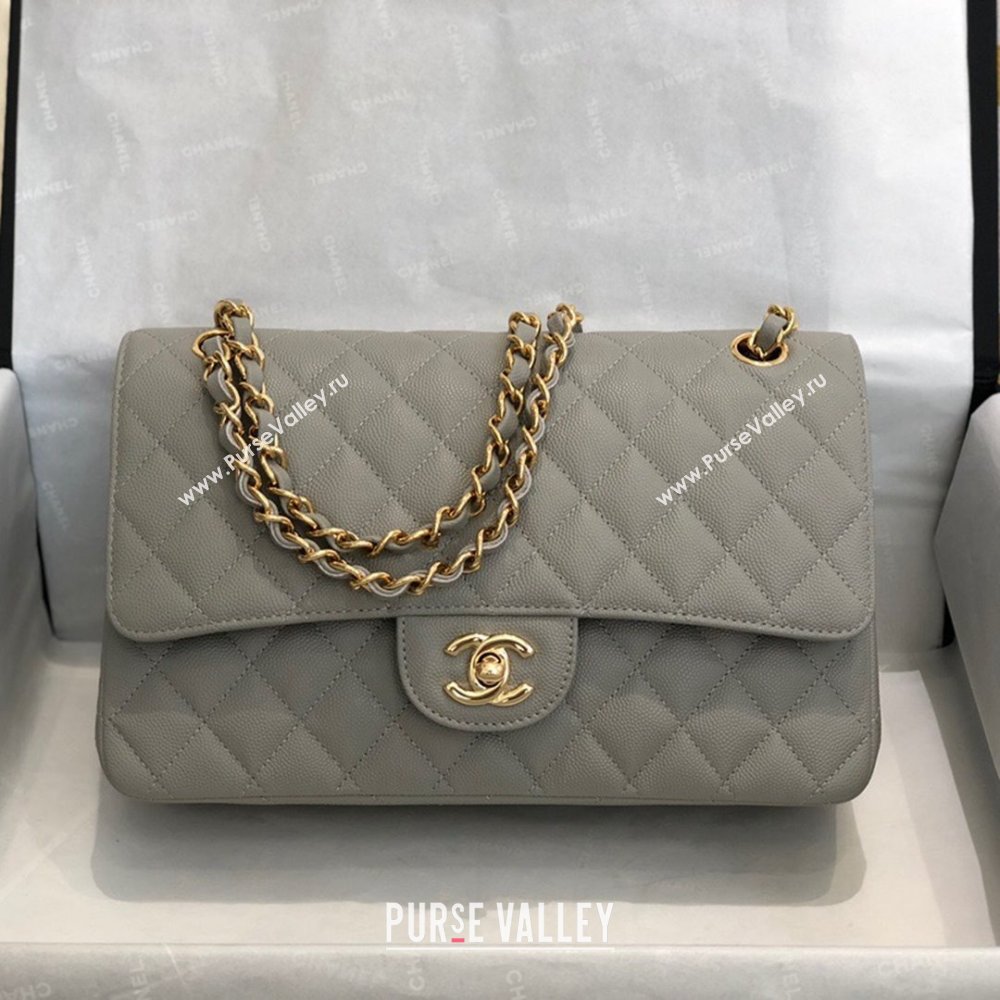 Chanel Quilted Grained Calfskin Medium Classic Flap Bag A01112 Grey/Gold 2021 (SM-210929059)