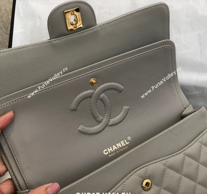 Chanel Quilted Grained Calfskin Medium Classic Flap Bag A01112 Grey/Gold 2021 (SM-210929059)