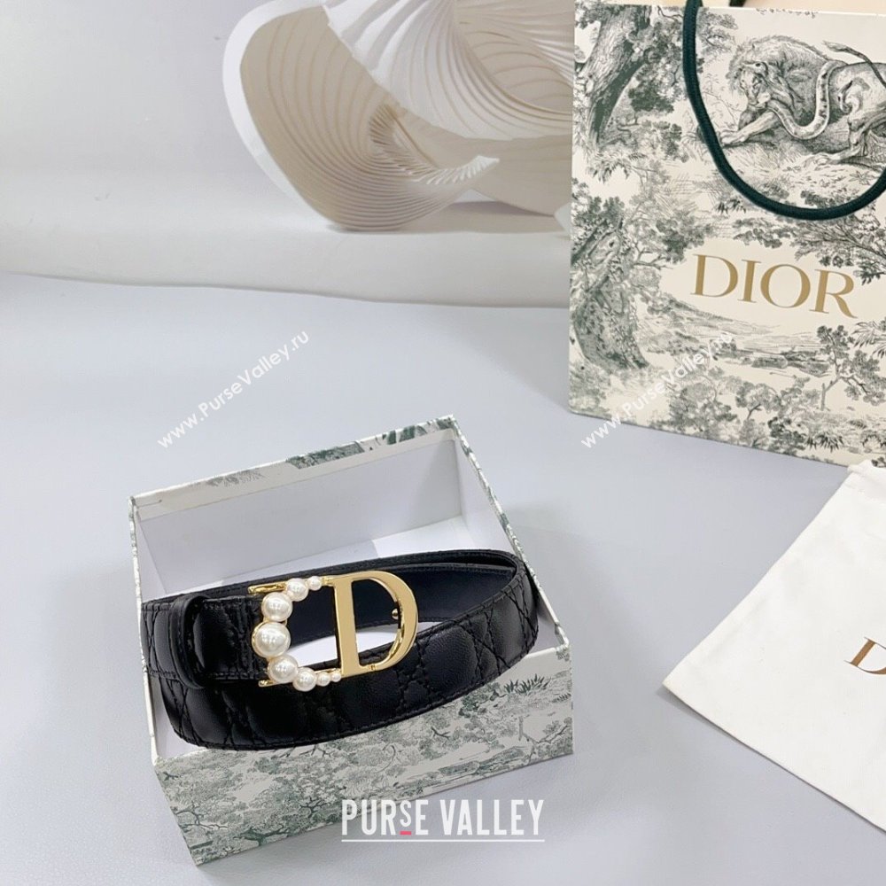 Dior Oblique Leather Belt 3cm with Pearls CD Buckle Black/Gold 2025 0108 (99-250108013)