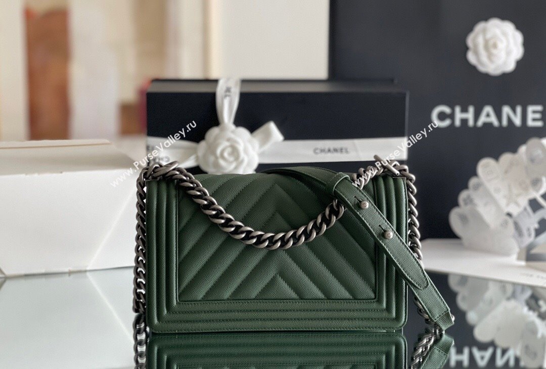 Chanel Original Grained Calfskin Chevron Medium Boy Flap Bag Silver/Green 2023 Top Quality (MHE-23102520)