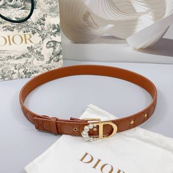 Dior Oblique Leather Belt 3cm with Pearls CD Buckle Brown/Gold 2025 0108 (99-250108017)