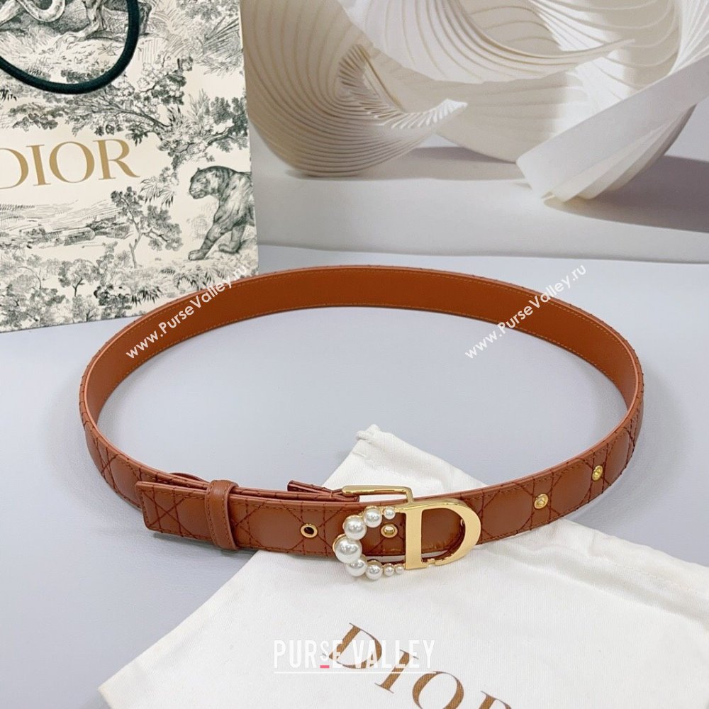 Dior Oblique Leather Belt 3cm with Pearls CD Buckle Brown/Gold 2025 0108 (99-250108017)