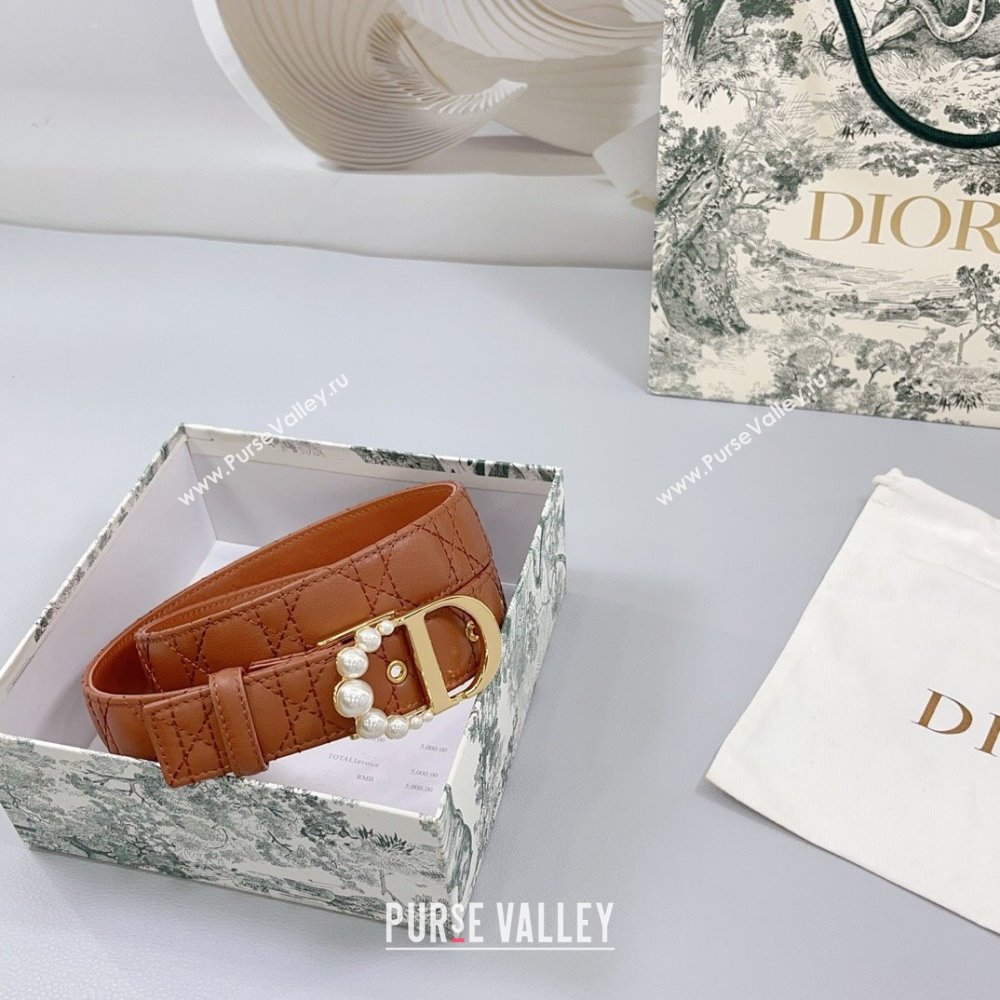 Dior Oblique Leather Belt 3cm with Pearls CD Buckle Brown/Gold 2025 0108 (99-250108017)