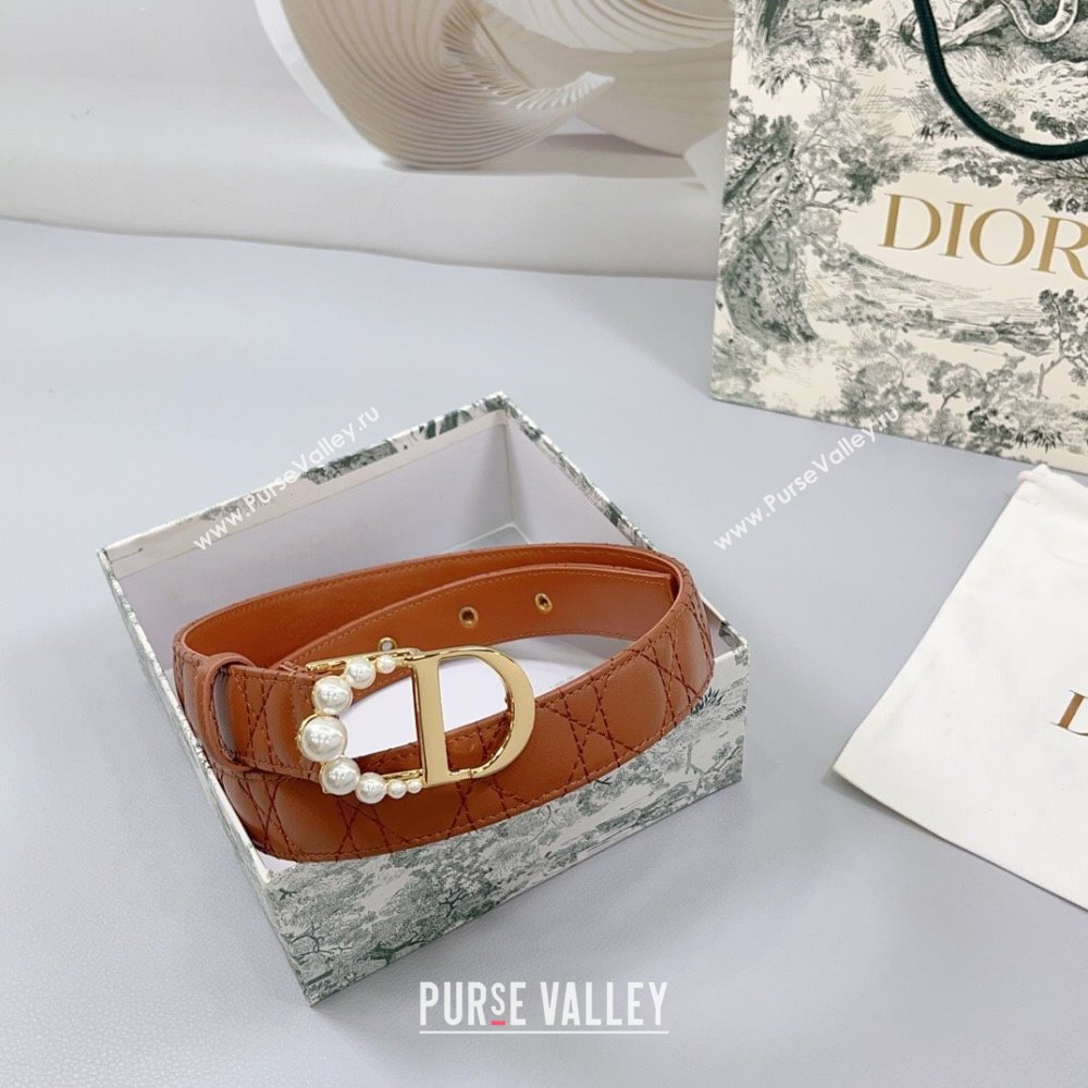 Dior Oblique Leather Belt 3cm with Pearls CD Buckle Brown/Gold 2025 0108 (99-250108017)