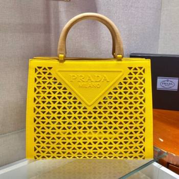 Prada Drill Cutout Calfskin Wood Tote Bag 1BG405 Yellow 2021 (XXG-21080345)