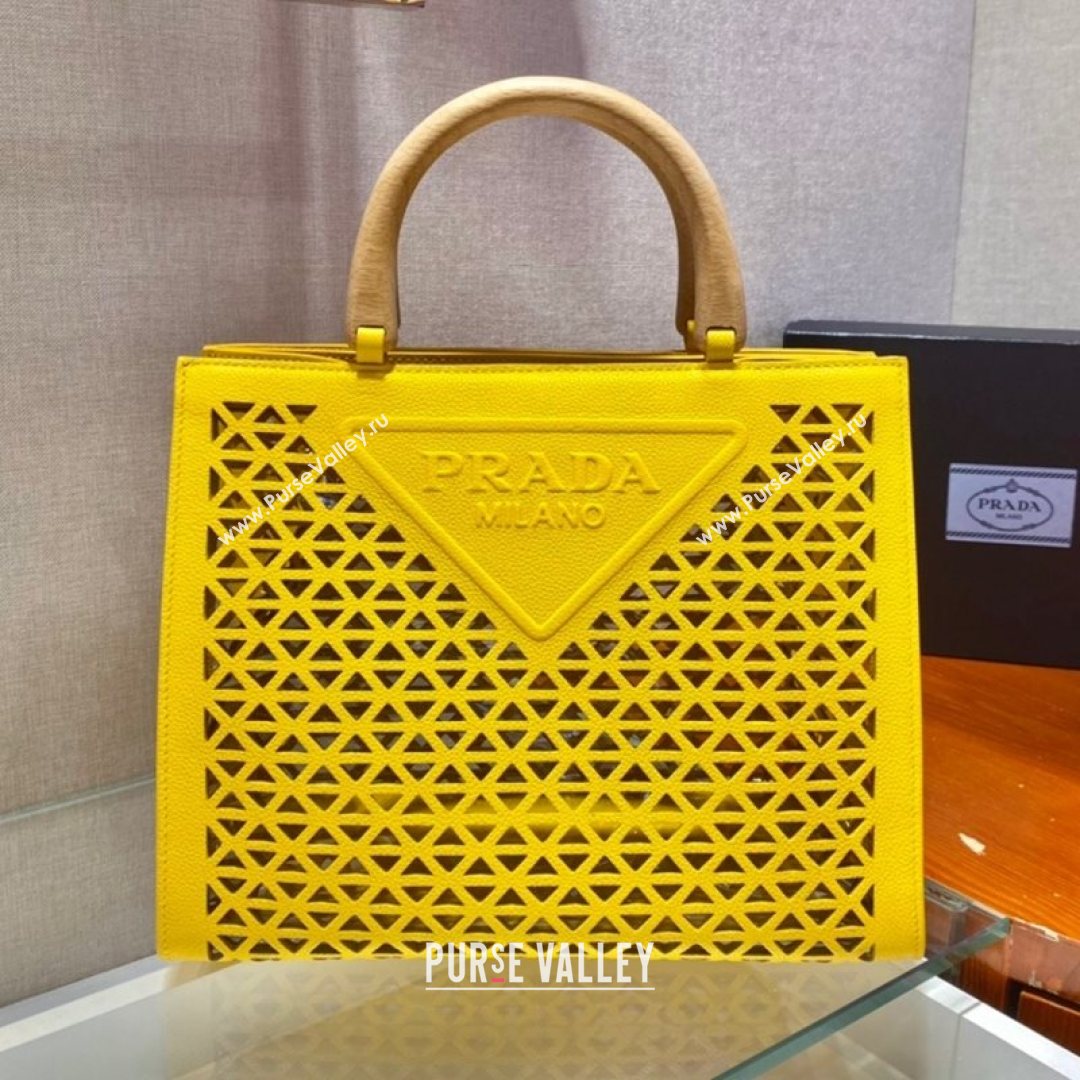 Prada Drill Cutout Calfskin Wood Tote Bag 1BG405 Yellow 2021 (XXG-21080345)