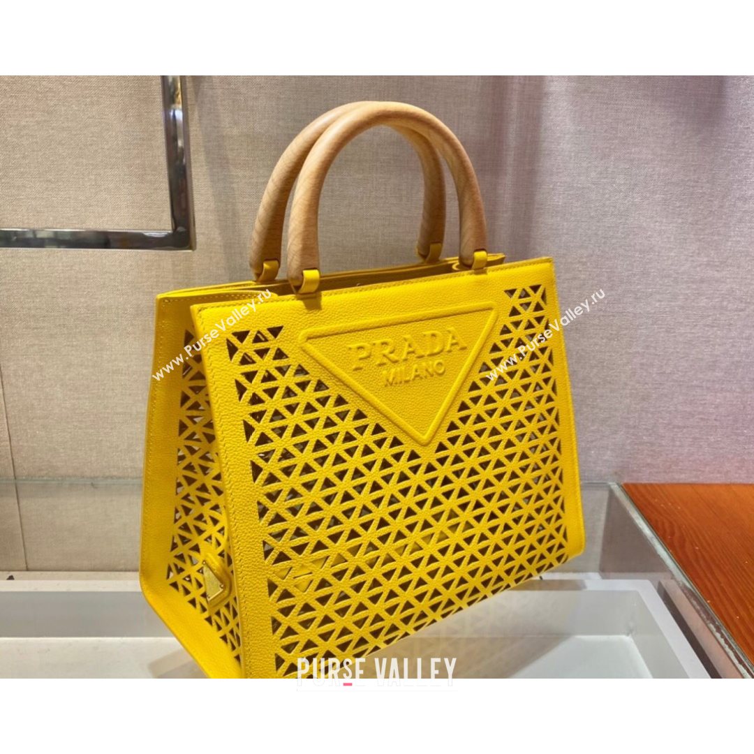 Prada Drill Cutout Calfskin Wood Tote Bag 1BG405 Yellow 2021 (XXG-21080345)