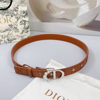 Dior Oblique Leather Belt 3cm with Pearls CD Buckle Brown/Silver 2025 0108 (99-250108018)