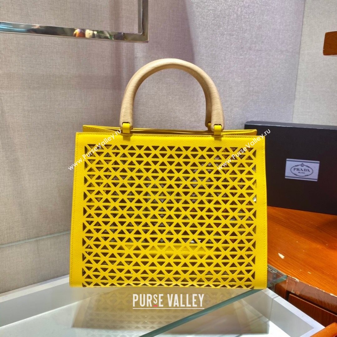 Prada Drill Cutout Calfskin Wood Tote Bag 1BG405 Yellow 2021 (XXG-21080345)