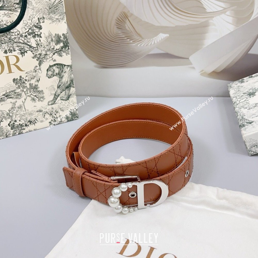 Dior Oblique Leather Belt 3cm with Pearls CD Buckle Brown/Silver 2025 0108 (99-250108018)