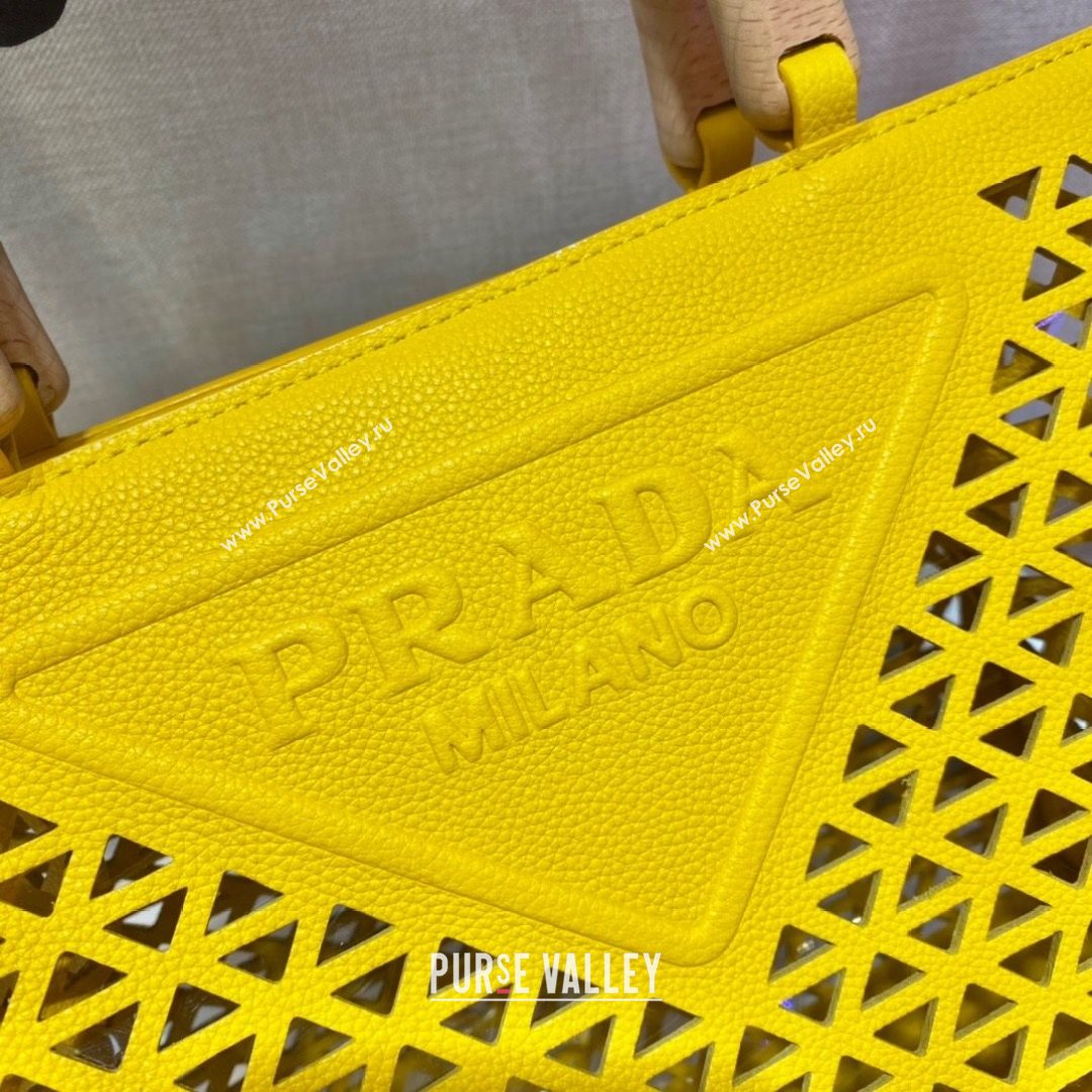 Prada Drill Cutout Calfskin Wood Tote Bag 1BG405 Yellow 2021 (XXG-21080345)