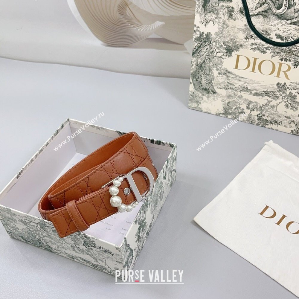 Dior Oblique Leather Belt 3cm with Pearls CD Buckle Brown/Silver 2025 0108 (99-250108018)