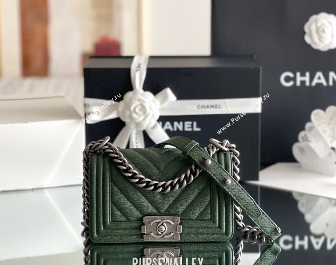 Chanel Original Grained Calfskin Chevron Samll Boy Flap Bag Silver/Green 2023 Top Quality (MHE-23102521)