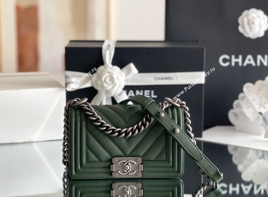 Chanel Original Grained Calfskin Chevron Samll Boy Flap Bag Silver/Green 2023 Top Quality (MHE-23102521)