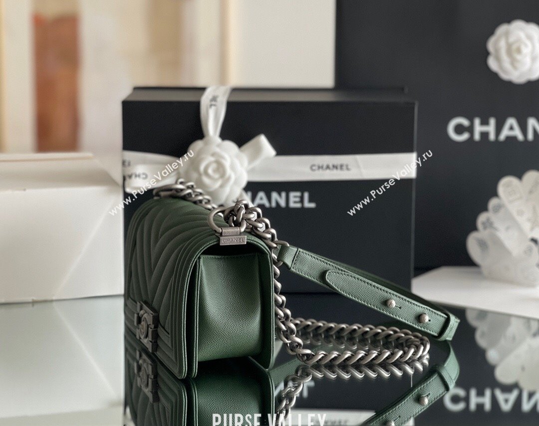 Chanel Original Grained Calfskin Chevron Samll Boy Flap Bag Silver/Green 2023 Top Quality (MHE-23102521)