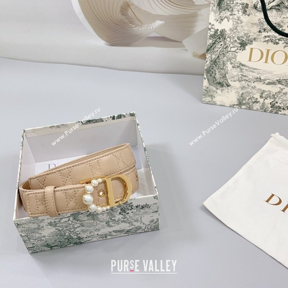 Dior Oblique Leather Belt 3cm with Pearls CD Buckle Beige/Gold 2025 0108 (99-250108019)