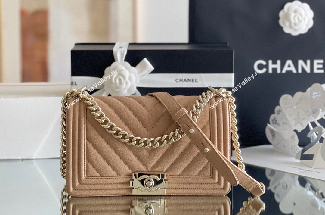 Chanel Original Grained Calfskin Chevron Medium Boy Flap Bag Light Gold/Apricot 2023 Top Quality (MHE-23102523)