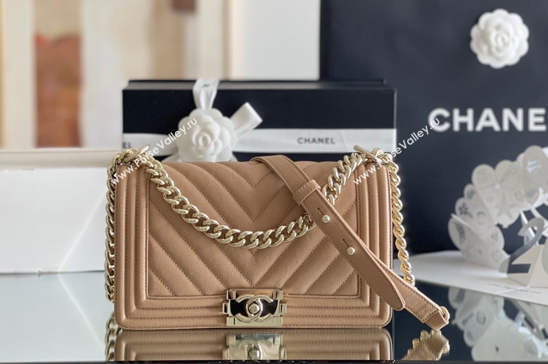 Chanel Original Grained Calfskin Chevron Medium Boy Flap Bag Light Gold/Apricot 2023 Top Quality (MHE-23102523)