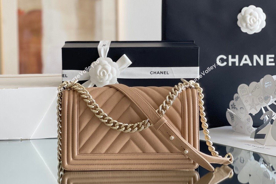 Chanel Original Grained Calfskin Chevron Medium Boy Flap Bag Light Gold/Apricot 2023 Top Quality (MHE-23102523)