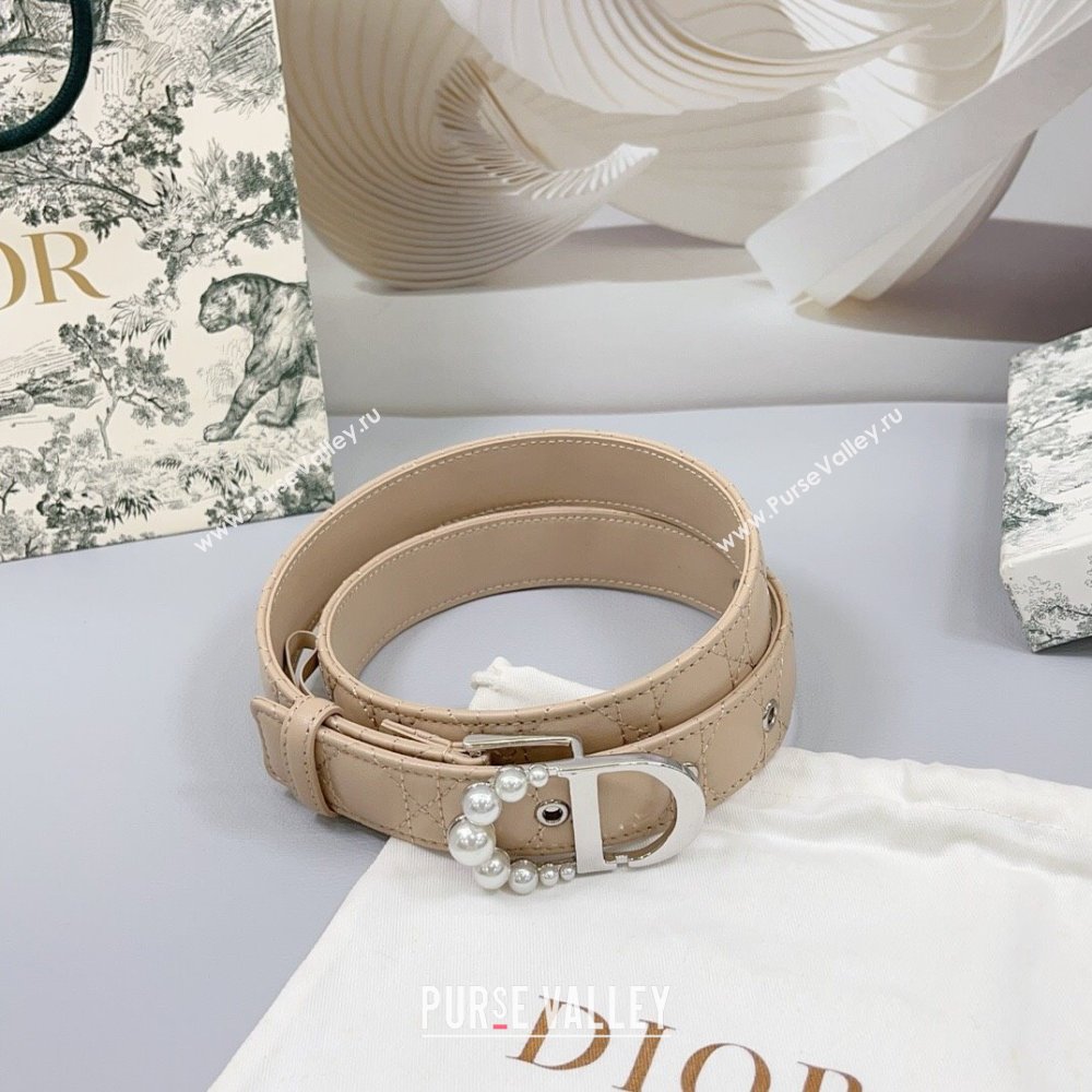 Dior Oblique Leather Belt 3cm with Pearls CD Buckle Beige/Silver 2025 0108 (99-250108020)