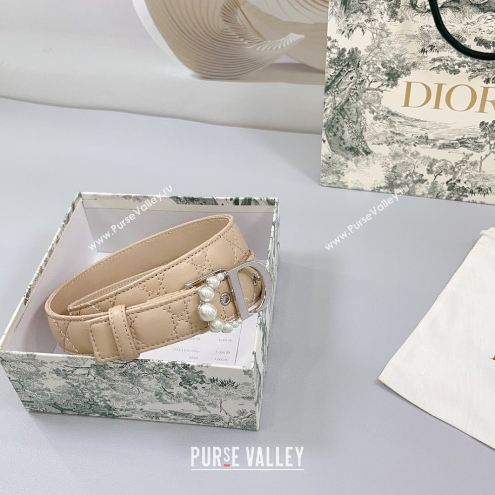 Dior Oblique Leather Belt 3cm with Pearls CD Buckle Beige/Silver 2025 0108 (99-250108020)