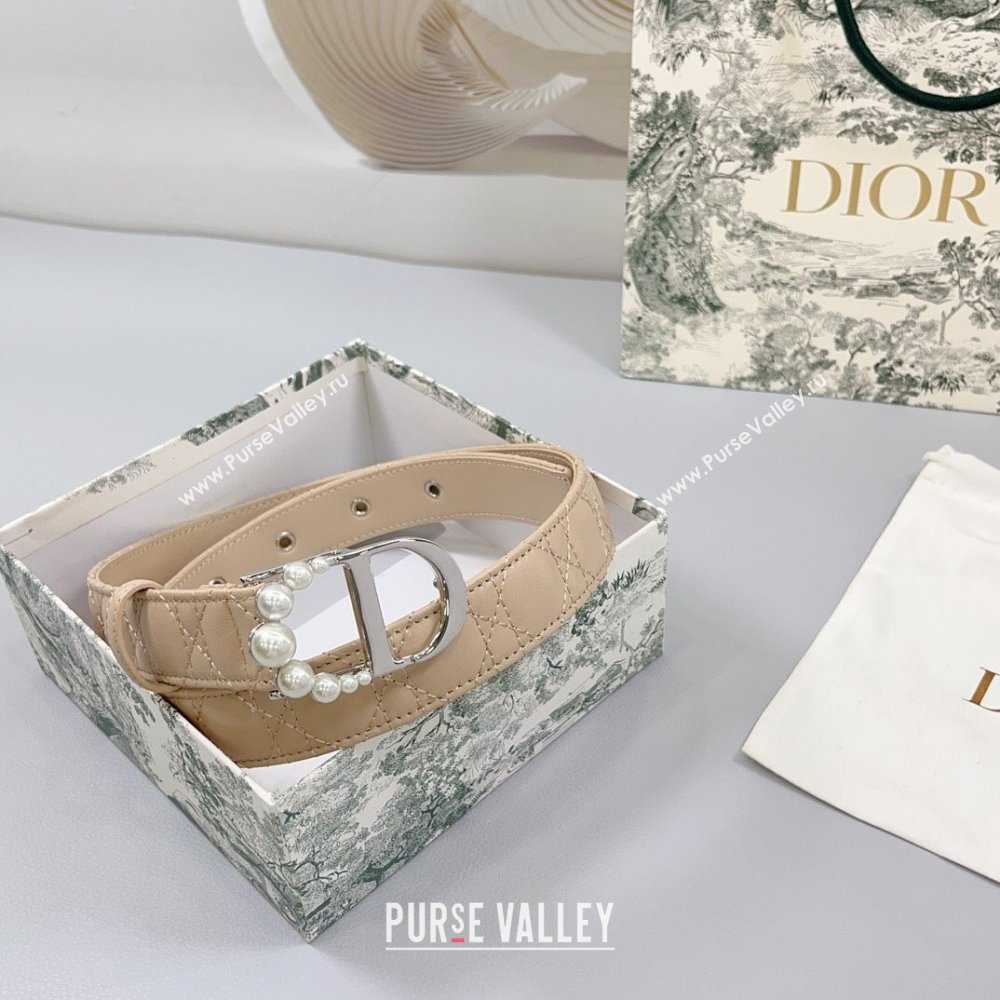 Dior Oblique Leather Belt 3cm with Pearls CD Buckle Beige/Silver 2025 0108 (99-250108020)