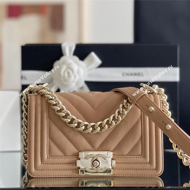 Chanel Original Grained Calfskin Chevron Small Boy Flap Bag Light Gold/Apricot 2023 Top Quality (MHE-23102522)