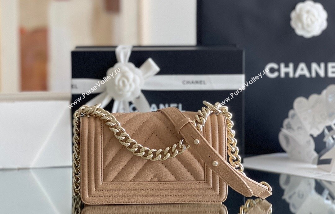 Chanel Original Grained Calfskin Chevron Small Boy Flap Bag Light Gold/Apricot 2023 Top Quality (MHE-23102522)