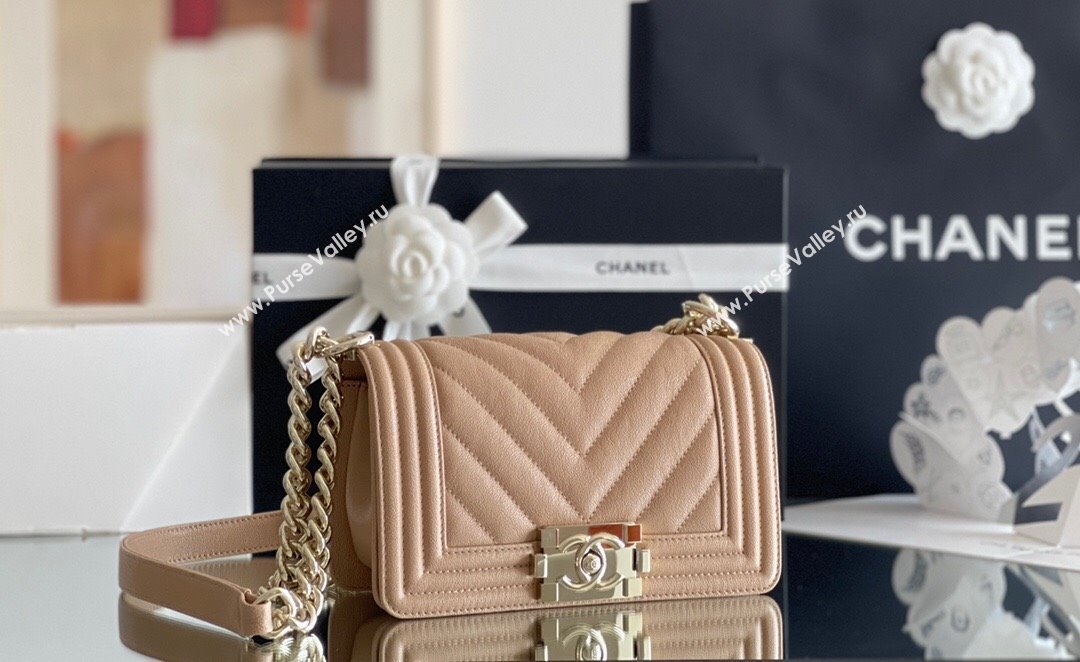 Chanel Original Grained Calfskin Chevron Small Boy Flap Bag Light Gold/Apricot 2023 Top Quality (MHE-23102522)