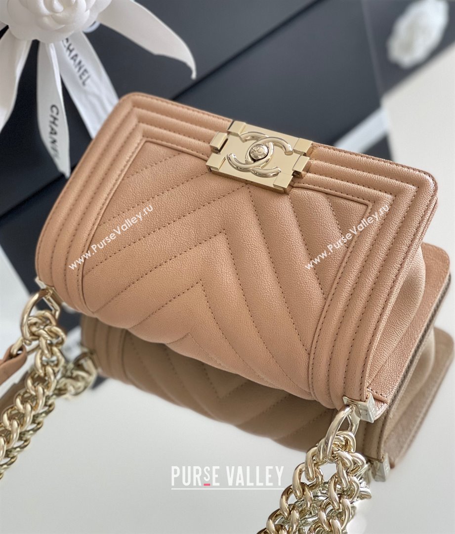 Chanel Original Grained Calfskin Chevron Small Boy Flap Bag Light Gold/Apricot 2023 Top Quality (MHE-23102522)