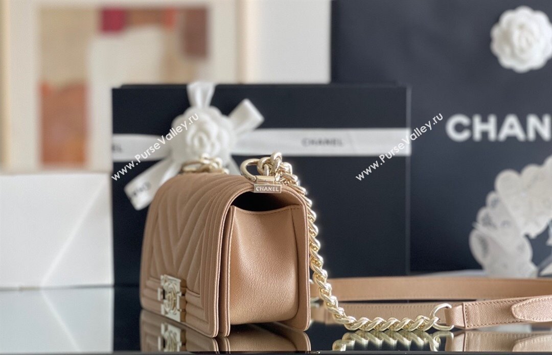 Chanel Original Grained Calfskin Chevron Small Boy Flap Bag Light Gold/Apricot 2023 Top Quality (MHE-23102522)