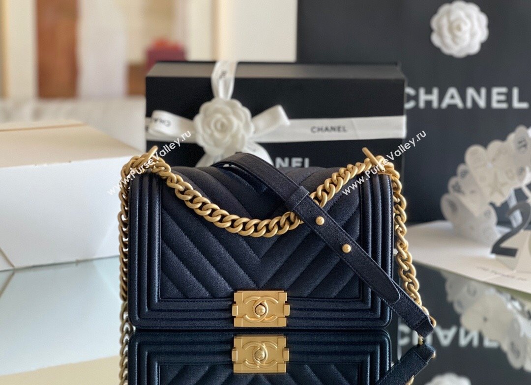 Chanel Original Grained Calfskin Chevron Medium Boy Flap Bag Gold/Deep Blue 2023 Top Quality (MHE-23102526)