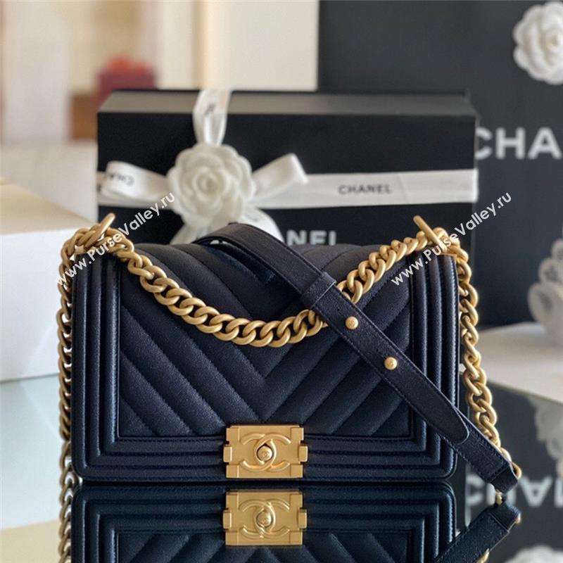 Chanel Original Grained Calfskin Chevron Medium Boy Flap Bag Gold/Deep Blue 2023 Top Quality (MHE-23102526)