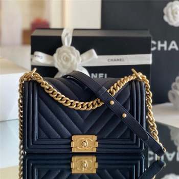 Chanel Original Grained Calfskin Chevron Medium Boy Flap Bag Gold/Deep Blue 2023 Top Quality (MHE-23102526)