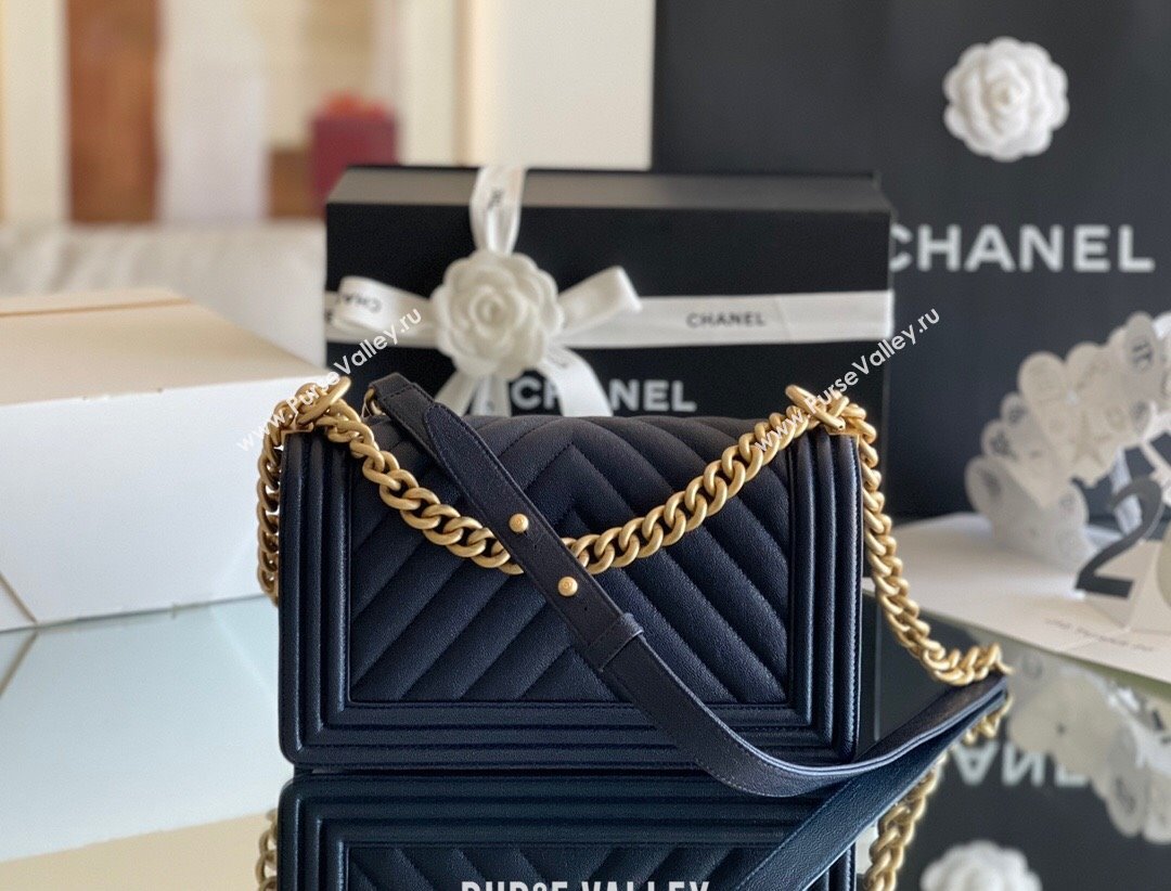 Chanel Original Grained Calfskin Chevron Medium Boy Flap Bag Gold/Deep Blue 2023 Top Quality (MHE-23102526)