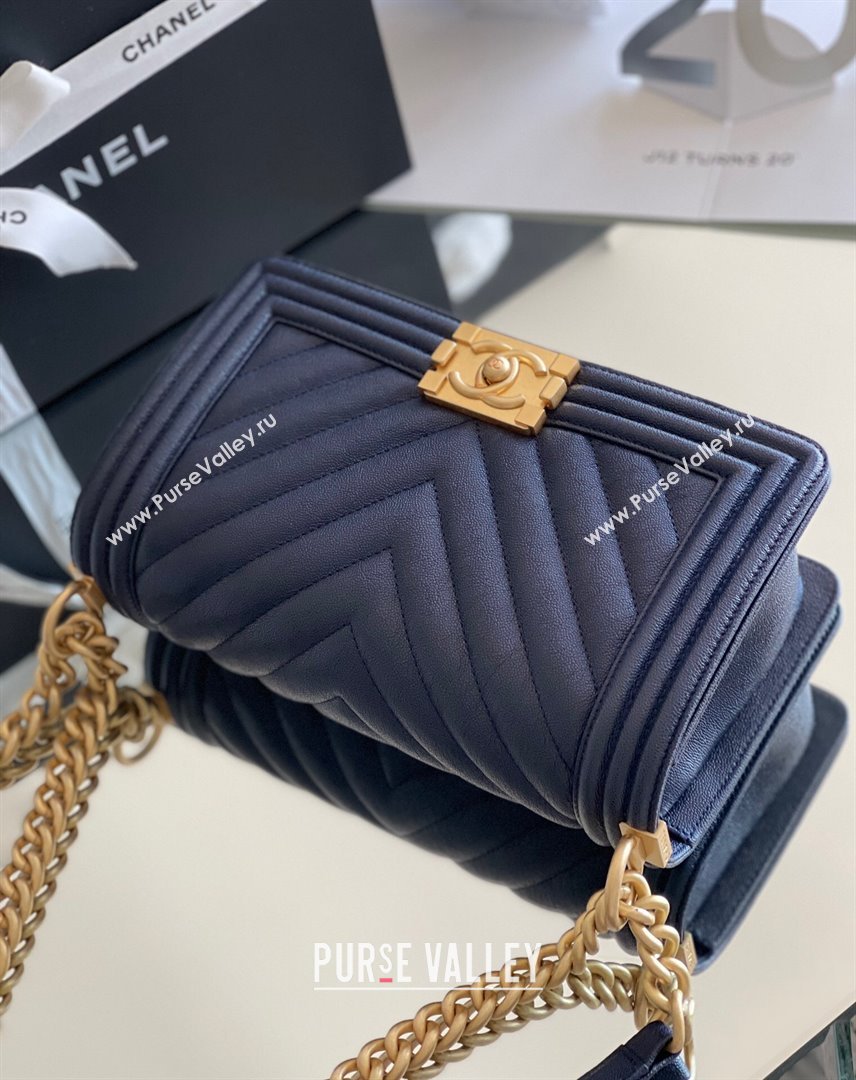 Chanel Original Grained Calfskin Chevron Medium Boy Flap Bag Gold/Deep Blue 2023 Top Quality (MHE-23102526)