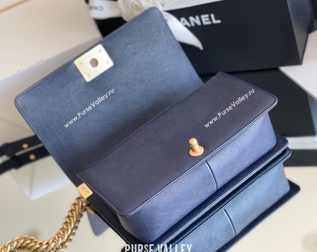 Chanel Original Grained Calfskin Chevron Medium Boy Flap Bag Gold/Deep Blue 2023 Top Quality (MHE-23102526)