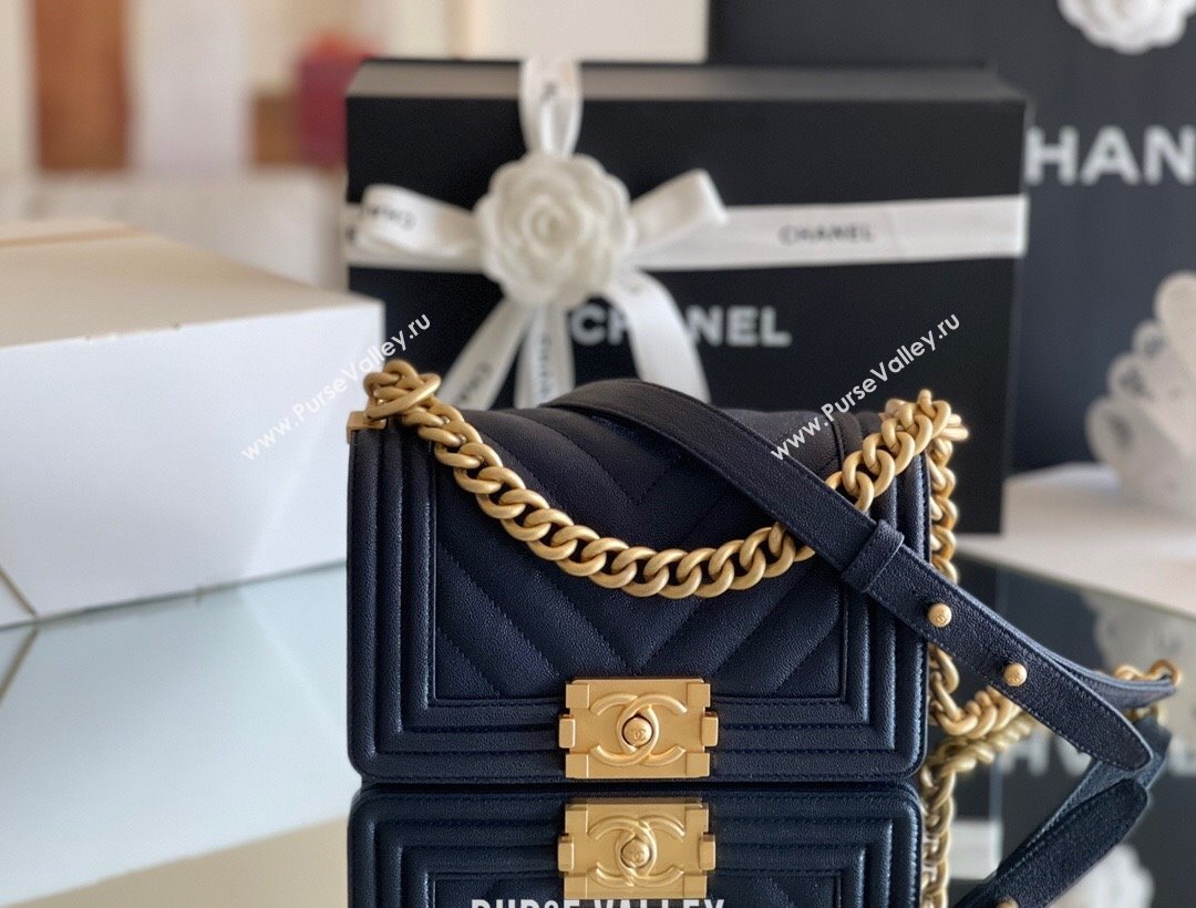 Chanel Original Grained Calfskin Chevron Small Boy Flap Bag Gold/Deep Blue 2023 Top Quality (MHE-23102324)